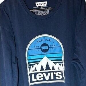 Levi's Long Sleeve T Shirt Graphic Print Blue Mountains Logo Size XXL‎
